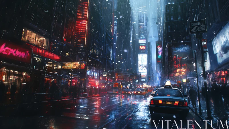 Rain-soaked cyber-noir avenue channels neon light into slick asphalt