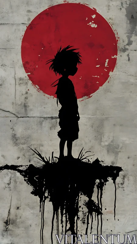 Shadow child adrift beneath a bleeding red sun circle.