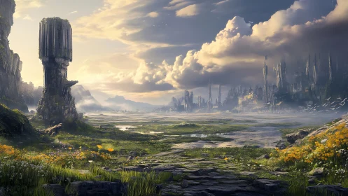 Ruined monolith above luminous wetlands at distant citadel.