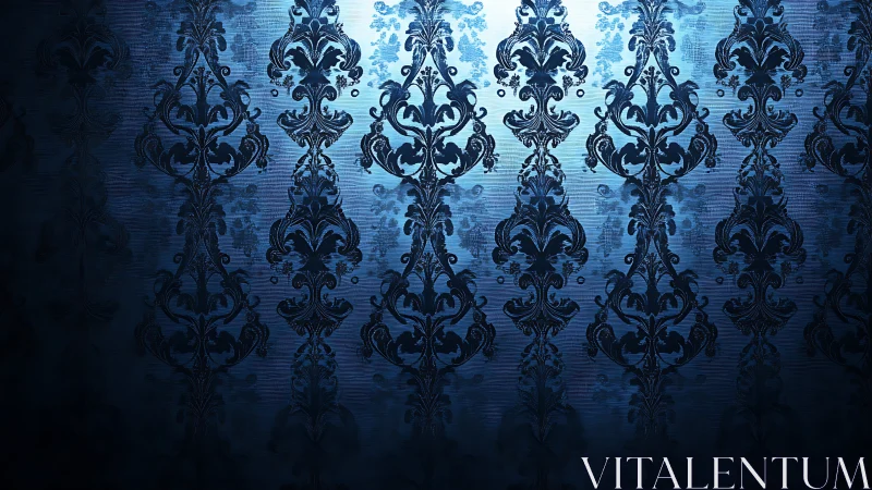 Ornate blue damask wallpaper under dramatic side lighting.
