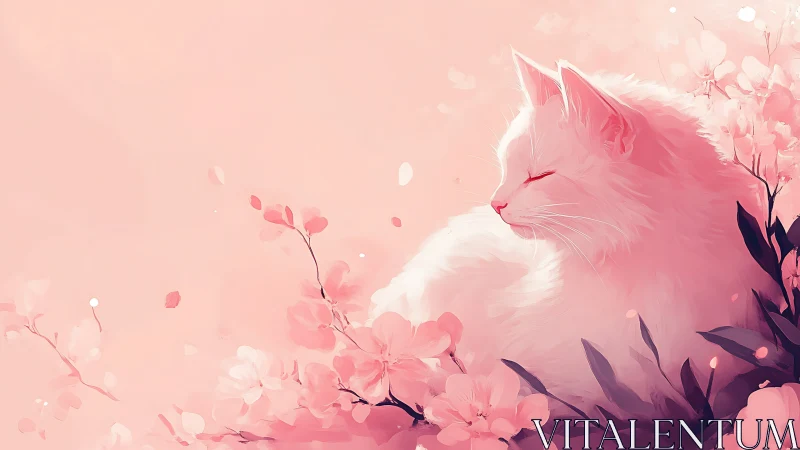 Pink Cat Surrounded by Blooming Flowers in Soft Digital Illustration.
