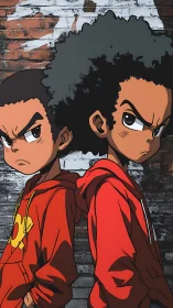 Streetwise twins in red hoodies, back‑to‑back defiance.