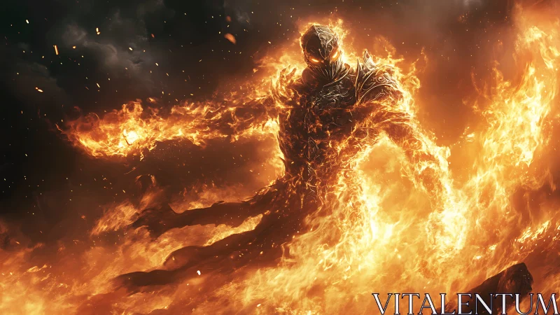 Blazing fire guardian strides through a storm of embers.