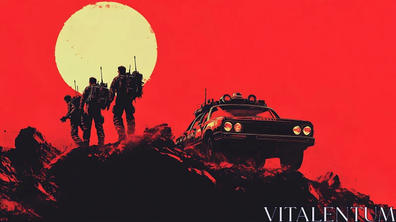 Postapocalyptic patrol silhouetted against red sunscape.