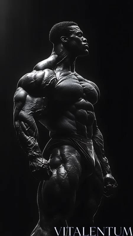 Bodybuilder stands in dramatic low key studio side light