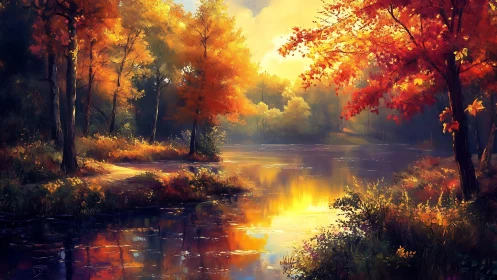 Digital painting of luminous autumn lakeside forest vista.