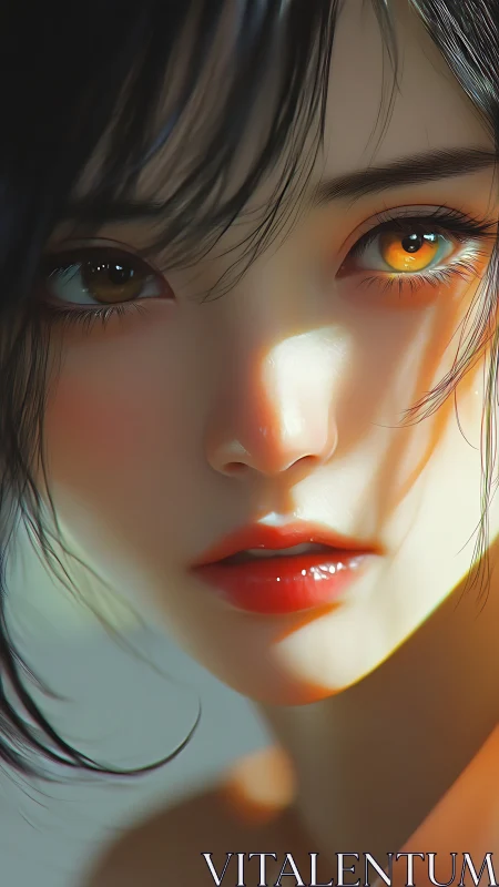 Sunlit amber gaze and porcelain lips in quiet reverie.