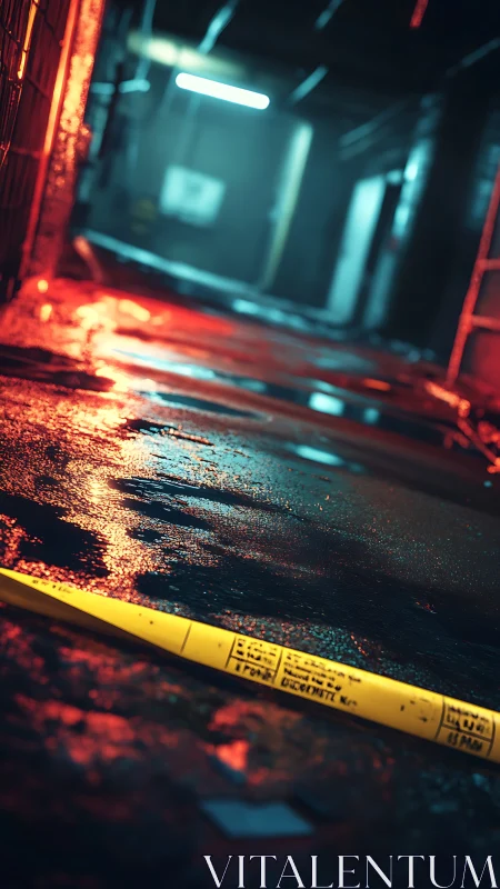 Moody alleyway glow with neon reflections and caution tape.