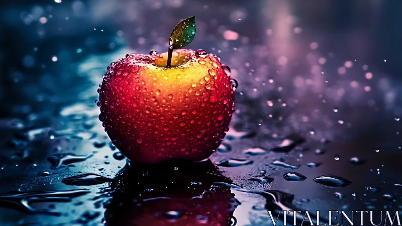 Red apple with water droplets on reflective wet surface.