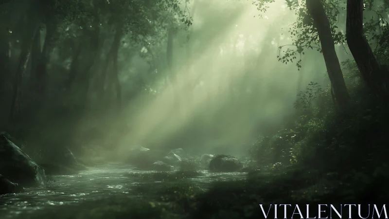 Misty Forest Stream where Sunbeams Pierce the Emerald Canopy.