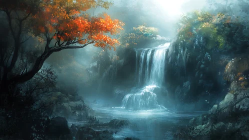 Misty forest waterfall with autumn foliage and still pool.