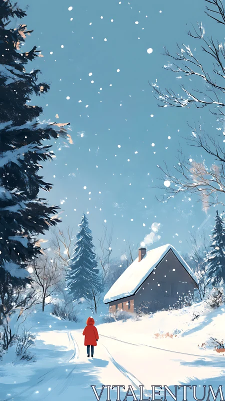 Snowy forest lane with red-coated figure near cottage.