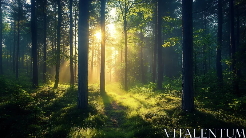 Sunlight Filtering Through Dense Forest in a Dreamy, Lush Style.