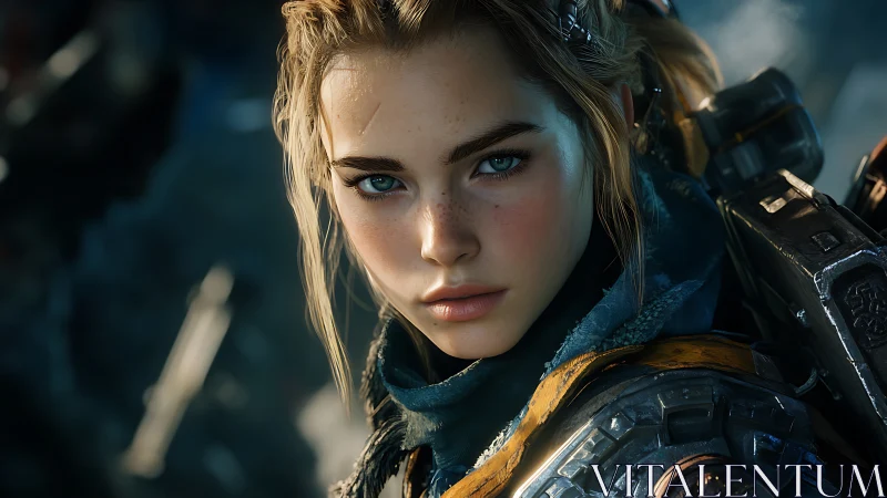 Female sci-fi warrior portrait shows detailed armored close-up