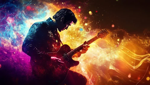 Electric guitarist ignites vivid cosmic color storm.