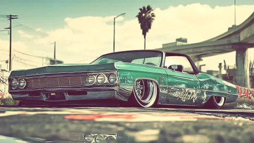 Low-slung green convertible car is parked in urban overpass setting