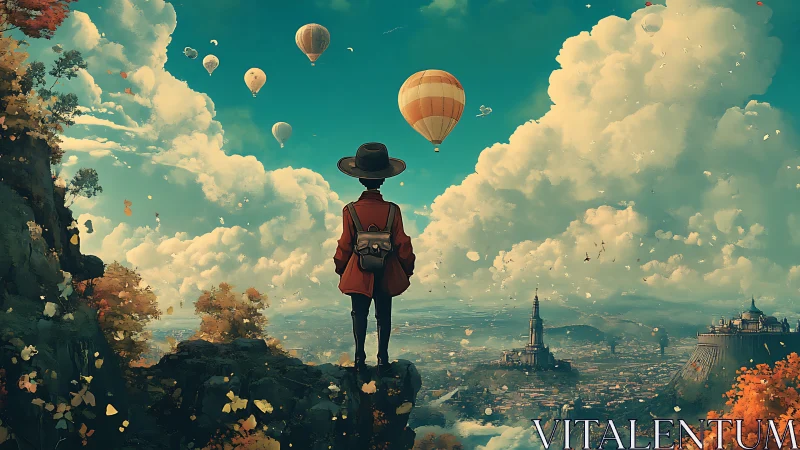 Traveler watches hot air balloons above distant fantasy city