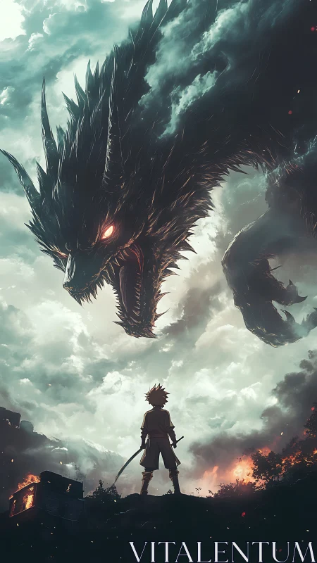 Stormlit swordsman confronting colossal shadow dragon.