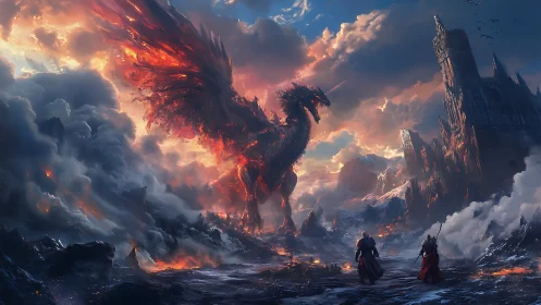 Volcanic-winged dragon confronting armored figures in ruins.