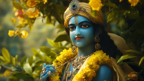 Gentle blue deity amid golden blooms and quiet forest light.