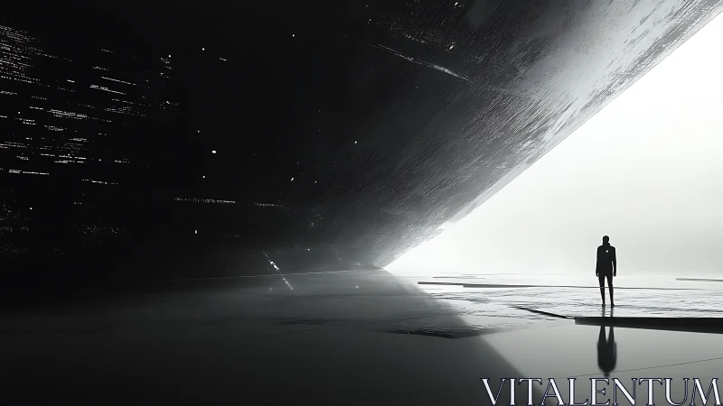 Solitary figure stands beneath massive tilted monolith edge