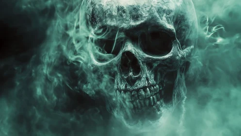 Green mist skull close-up with eerie smoky atmosphere.