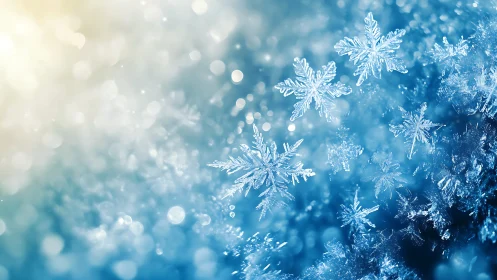 Macro snowflakes over blue winter bokeh background.