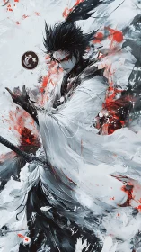 Kinetic monochrome swordsman amid red spectral turbulence.