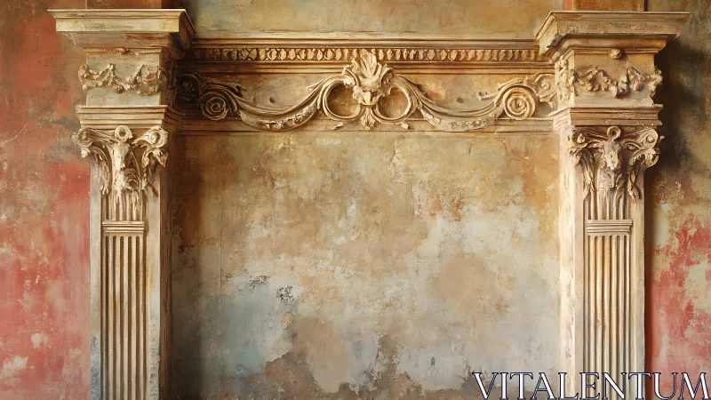 Weathered baroque wall frame with ornate stone columns.