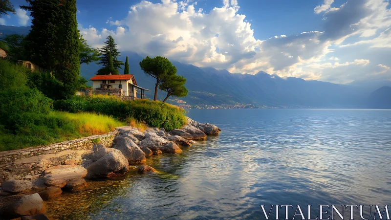 Alpine cottage perched above crystalline lake with mountain backdrop