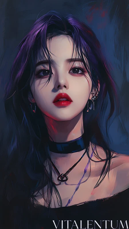Moody purple haired girl with soft gaze and bold crimson lips.