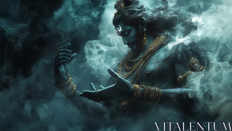 Divine blue figure in smoke with ornate golden adornments.