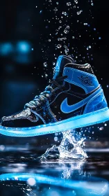 Neon blue sneaker splash with dynamic water impact focus.