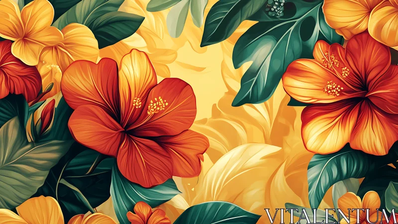 Floral composition with yellow, orange, and red flowers against warm gradient background.
