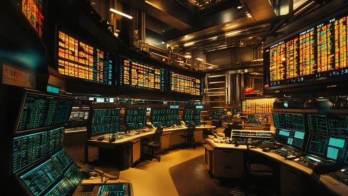 High-frequency trading command center with luminous data walls.