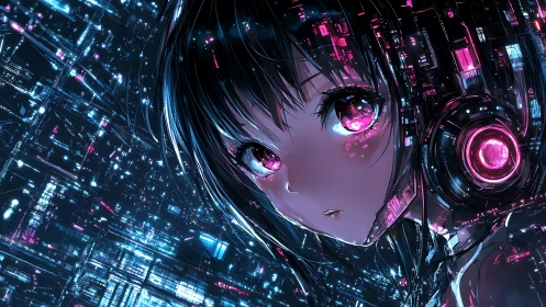 Neon-eyed cybernetic girl in luminous holographic cityscape.