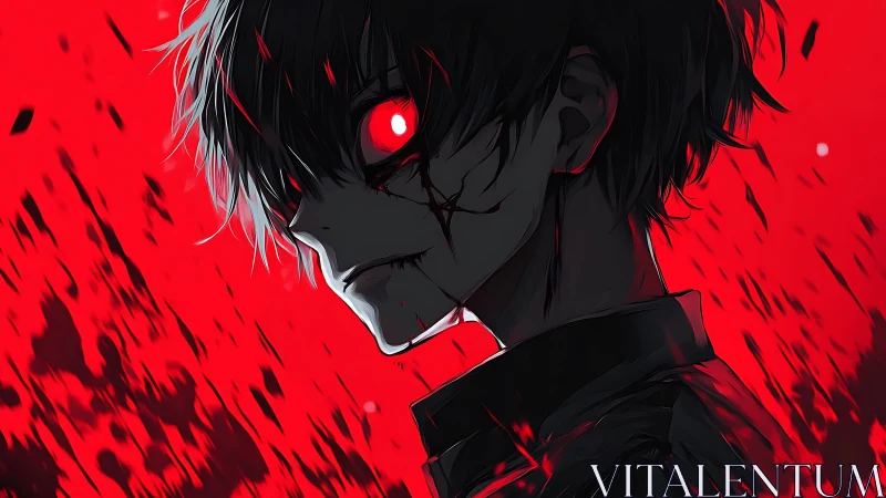 Crimson glare boy slicing through a storm of shadowed rage.