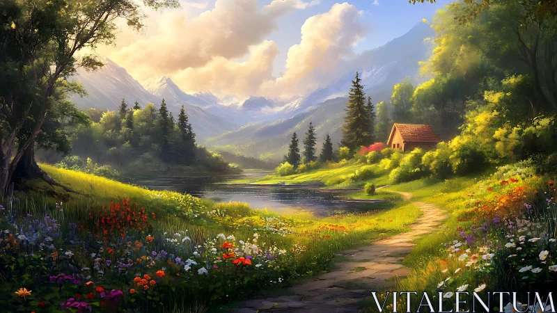 Digital pastoral valley with lakeside cottage and wildflowers.