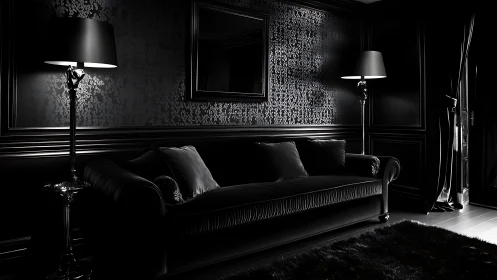 Velvet midnight lounge wrapped in luxe monochrome hush.