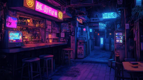Neon-soaked alley bar hums softly between violet and cyan