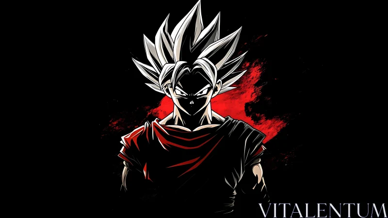 White haired anime warrior in red against black void.