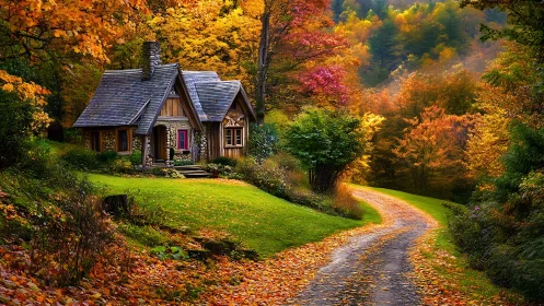 Storybook woodland cottage beside winding autumn lane.