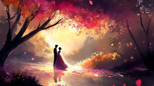 A Couple's Enchanted Moment Beneath Glowing Trees
