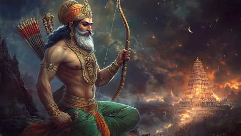 Mythic archer strides toward a blazing celestial temple.