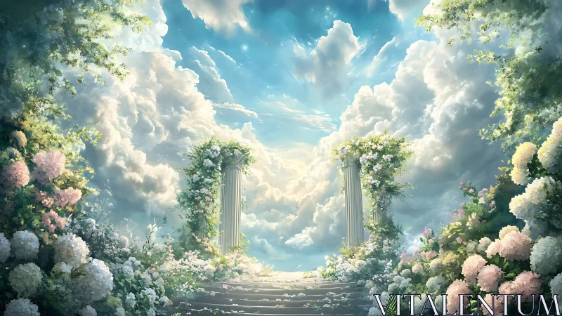 Celestial terrace garden with neoclassical floral colonnade.