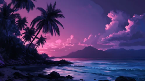 Tropical Sunset Beach Paradise with Mountain Silhouettes.