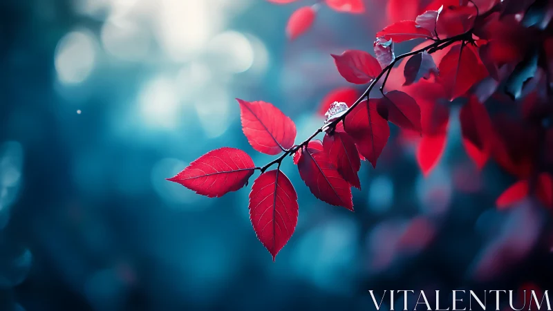 Vivid Red Leaves on Branch with Soft Blue Bokeh Background.