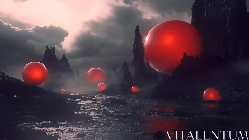 Red orbs hover over dark alien canyon under storm clouds.