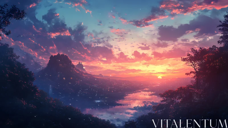 Mountain valley city under vibrant multicolored sunset sky.