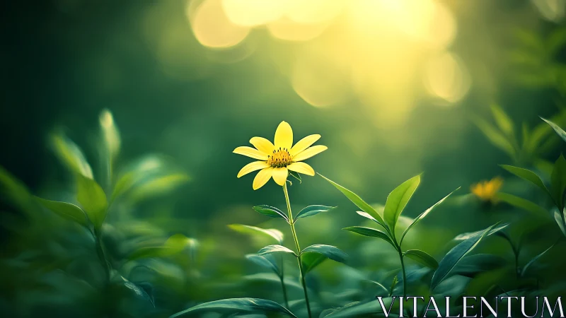Single yellow wildflower glows softly in dreamy green light.
